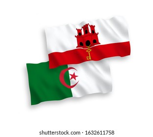 National vector fabric wave flags of Algeria and Gibraltar isolated on white background. 1 to 2 proportion.