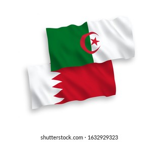 National vector fabric wave flags of Algeria and Bahrain isolated on white background. 1 to 2 proportion.