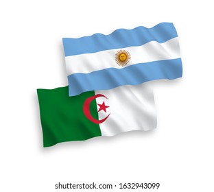 National vector fabric wave flags of Algeria and Argentina isolated on white background. 1 to 2 proportion.