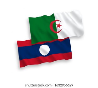 National vector fabric wave flags of Algeria and Laos isolated on white background. 1 to 2 proportion.