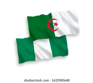 National vector fabric wave flags of Algeria and Nigeria isolated on white background. 1 to 2 proportion.