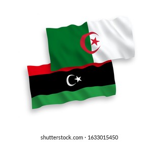 National vector fabric wave flags of Algeria and Libya isolated on white background. 1 to 2 proportion.