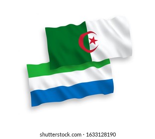 National vector fabric wave flags of Algeria and Sierra Leone isolated on white background. 1 to 2 proportion.