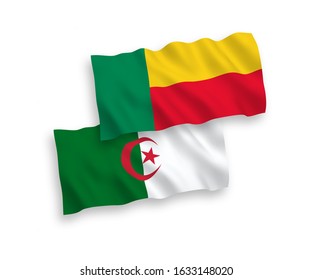 National vector fabric wave flags of Algeria and Benin isolated on white background. 1 to 2 proportion.