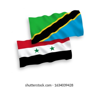 National vector fabric wave flags of Tanzania and Syria isolated on white background. 1 to 2 proportion.