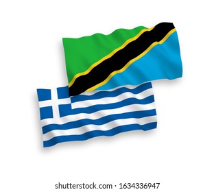 National vector fabric wave flags of Greece and Tanzania isolated on white background. 1 to 2 proportion.