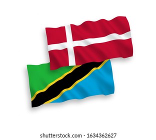 National vector fabric wave flags of Denmark and Tanzania isolated on white background. 1 to 2 proportion.