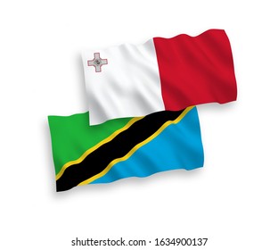 National vector fabric wave flags of Malta and Tanzania isolated on white background. 1 to 2 proportion.