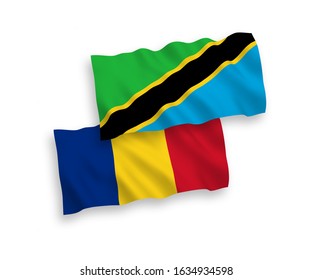 National vector fabric wave flags of Romania and Tanzania isolated on white background. 1 to 2 proportion.