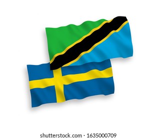 National vector fabric wave flags of Sweden and Tanzania isolated on white background. 1 to 2 proportion.