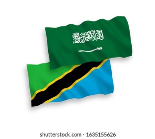 National vector fabric wave flags of Saudi Arabia and Tanzania isolated on white background. 1 to 2 proportion.