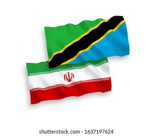 National vector fabric wave flags of Tanzania and Iran isolated on white background. 1 to 2 proportion.