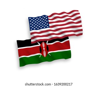 National vector fabric wave flags of Kenya and USA isolated on white background. 1 to 2 proportion.