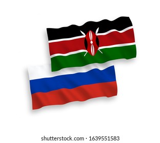 National vector fabric wave flags of Kenya and Russia isolated on white background. 1 to 2 proportion.
