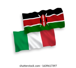 National vector fabric wave flags of Italy and Kenya isolated on white background. 1 to 2 proportion.