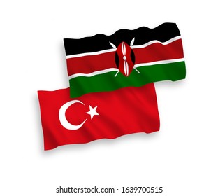 National vector fabric wave flags of Turkey and Kenya isolated on white background. 1 to 2 proportion.