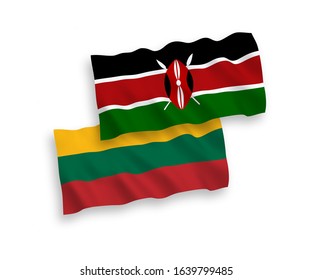 National vector fabric wave flags of Lithuania and Kenya isolated on white background. 1 to 2 proportion.
