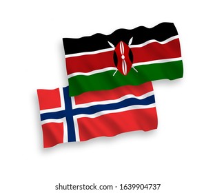 National vector fabric wave flags of Norway and Kenya isolated on white background. 1 to 2 proportion.