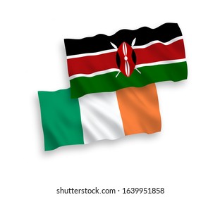 National vector fabric wave flags of Ireland and Kenya isolated on white background. 1 to 2 proportion.