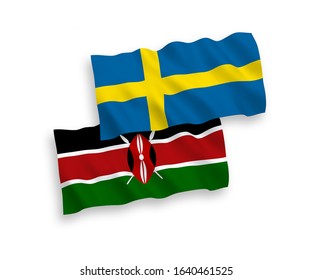 National vector fabric wave flags of Sweden and Kenya isolated on white background. 1 to 2 proportion.