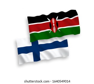 National vector fabric wave flags of Finland and Kenya isolated on white background. 1 to 2 proportion.