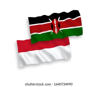 National vector fabric wave flags of Indonesia and Kenya isolated on white background. 1 to 2 proportion.