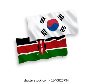National vector fabric wave flags of South Korea and Kenya isolated on white background. 1 to 2 proportion.