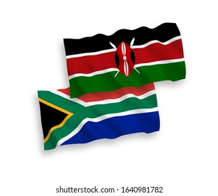 National vector fabric wave flags of Kenya and Republic of South Africa isolated on white background. 1 to 2 proportion.
