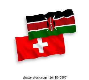 National vector fabric wave flags of Kenya and Switzerland isolated on white background. 1 to 2 proportion.