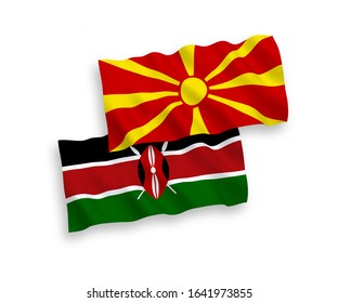 National vector fabric wave flags of Kenya and North Macedonia isolated on white background. 1 to 2 proportion.