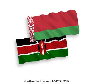 National vector fabric wave flags of Kenya and Belarus isolated on white background. 1 to 2 proportion.