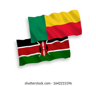 National vector fabric wave flags of Kenya and Benin isolated on white background. 1 to 2 proportion.