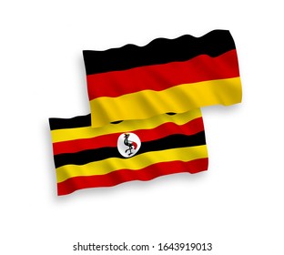Banderas de olas de tela vectorial nacional de Alemania y Uganda aisladas en fondo blanco. 1 a 2 proporciones.