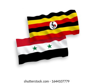 National vector fabric wave flags of Uganda and Syria isolated on white background. 1 to 2 proportion.