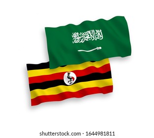 National vector fabric wave flags of Saudi Arabia and Uganda isolated on white background. 1 to 2 proportion.