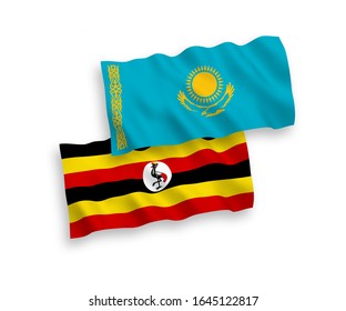 Banderas nacionales de tela vectorial de Kazajistán y Uganda aisladas en fondo blanco. 1 a 2 proporciones.