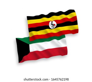 Banderas de olas de tela vectorial nacional de Uganda y Kuwait aisladas en fondo blanco. 1 a 2 proporciones.