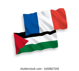 National vector fabric wave flags of France and Palestine isolated on white background. 1 to 2 proportion.