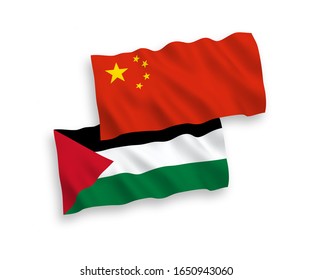 Banderas de onda de tela vectorial nacional de Palestina y China aisladas en fondo blanco de 1 a 2 proporción.