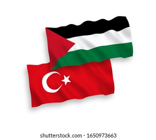 National vector fabric wave flags of Turkey and Palestine isolated on white background. 1 to 2 proportion.