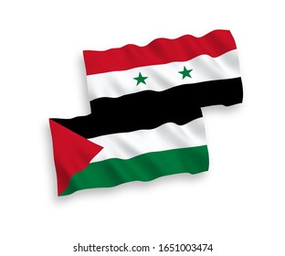 National vector fabric wave flags of Palestine and Syria isolated on white background. 1 to 2 proportion.