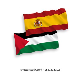 National vector fabric wave flags of Palestine and Spain isolated on white background. 1 to 2 proportion.