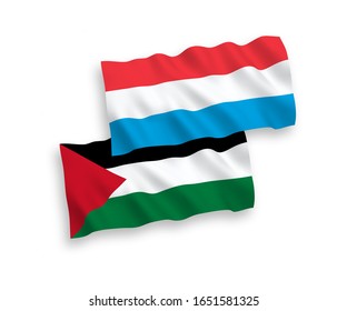 National vector fabric wave flags of Palestine and Luxembourg isolated on white background. 1 to 2 proportion.
