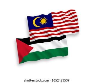 National vector fabric wave flags of Palestine and Malaysia isolated on white background. 1 to 2 proportion.