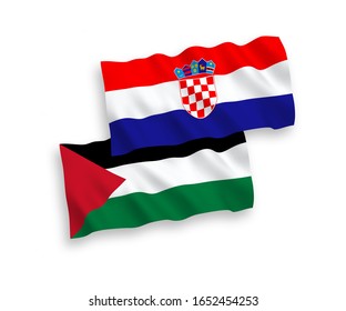 National vector fabric wave flags of Palestine and Croatia isolated on white background. 1 to 2 proportion.