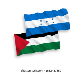National vector fabric wave flags of Palestine and Honduras isolated on white background. 1 to 2 proportion.