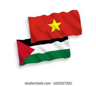 Banderas de tela vectorial nacional ondean banderas de Palestina y Vietnam aisladas en fondo blanco. 1 a 2 proporciones.