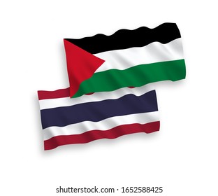 Nationale Vektorillustration-Wellen-Flaggen von Palästina und Thailand einzeln auf weißem Hintergrund. 1 bis 2 %.