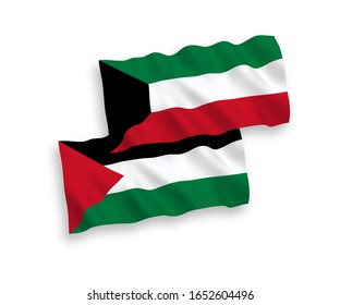 National vector fabric wave flags of Palestine and Kuwait isolated on white background. 1 to 2 proportion.