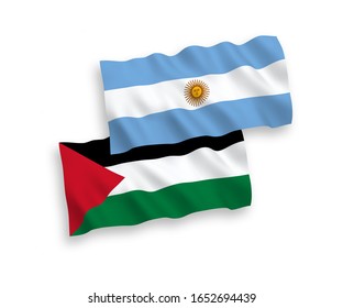 National vector fabric wave flags of Palestine and Argentina isolated on white background. 1 to 2 proportion.